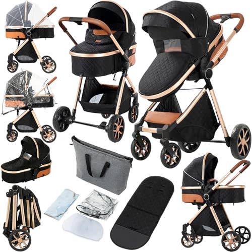 2 in 1 Baby Stroller, Convertible Pram, Reversible Standard Stroller, Portable Baby Buggy, Infant Carriage, Foldable High Landscape Pushchair for Toddler Newborn (225 Black Gold)
