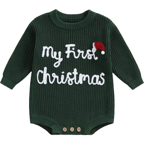 Adobabirl My First Christmas Baby Outfit Girl Boy Christmas Sweater Bubble Romper Long Sleeve Jumpsuit Fall Winter Outfit (Christmas Hat Green, 0-3 Months)