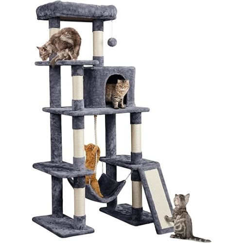 Yaheetech Large Multi-Level Cat Tree, 63 Inches Tall with Sisal-Covered Scratching Posts, Condo, Hammock, Dangling Ball, and Extended Platform for Cats to Play and Sleep