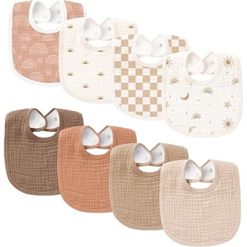Konssy 8-Pack Muslin Baby Bibs, Adjustable Fit for Drooling and Teething