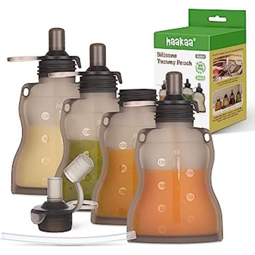 haakaa Reusable Baby Food Pouches Refillable Baby Squeeze Silicone Yummy Pouch, Soft Reusable Squeeze Storage Food Pouch for Kids Toddler,Home Made Food Puree,Smoothie Pouch Bag, 4oz, 4 Pack,6m+