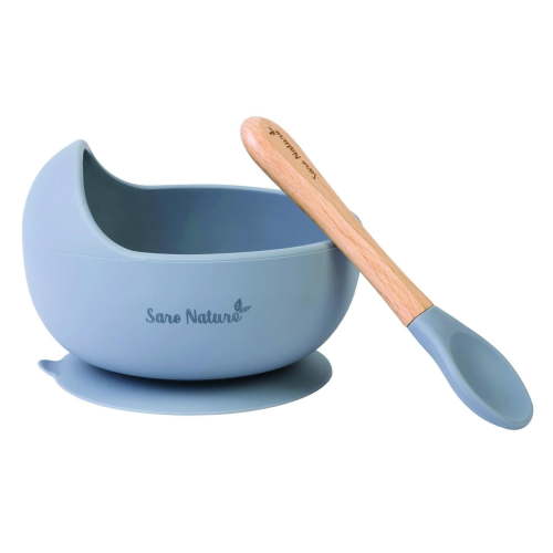 SARO "Nordic Wave" Silicone Baby Feeding Set - Mist: Suction Bowl & Wooden Spoon for Baby-Led Weaning