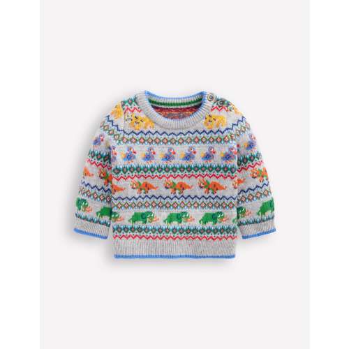 Fair Isle Button Jumper-Grey Marl Prehistoric Animals