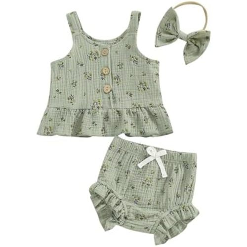 Kayotuas Infant Baby Girl Summer Clothes Floral Halter Sleeveless Tank Top Ruffle Shorts Cute Bow Headband 3 Piece Outfit Set