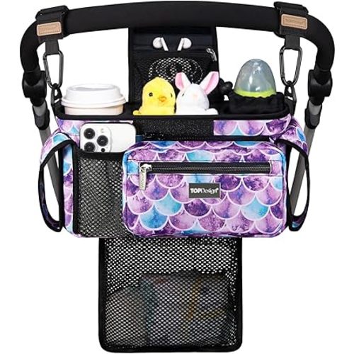 TOPDesign Universal Baby Stroller Organizer, Stroller Caddy with Detachable Mesh Bag & Heightened Insulated Cup Holders & Non-Slip Secure Hooks Accessories, Fits Most Strollers (Mermaid)