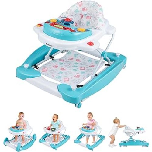 HONEY JOY Baby Walker, 6-in-1 Foldable Baby Walker and Bouncer Combo, Infant Activity Walker with Wheels, Adjustable Heights, Rocker, Music, Lights, Walker for Baby Boy Girl 7-14 Months (Green)