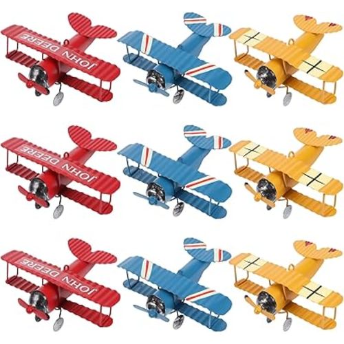 9 Pcs Metal Airplane Decorations Hanging Iron Biplane Vintage Airplane Models Retro Plane Aircraft for Christmas Birthday Home Decor Room Desktop Ornament Photo Props (Red Blue Yellow)