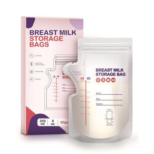 dearlomum BPA-Free Breastmilk Storage Bags - 60 Pcs, 8 Ounce, Self-Standing with Pour Spout, Space-Saving Flat Profile, Ideal for Convenient Breastfeeding and Milk Storage, Refrigeration & Freezing