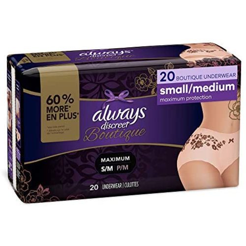 Always Discreet Boutique Incontinence & Postpartum Incontinence Underwear for Women, Peach, Small/Medium, 20 Count, Maximum Protection, Disposable, 20 Count