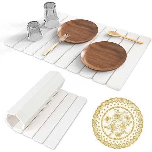 Stone Dish Drying Mat, 24"(L)×16"(W) - Fast-Drying, Collapsible Kitchen Counter Mat for Dishes, Cups & Bottles with Sanding Tool + Placemat, White