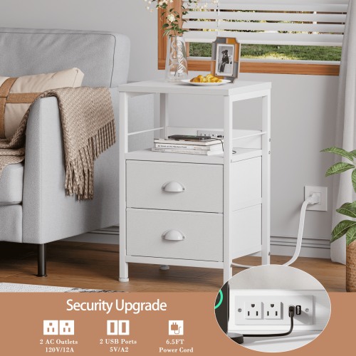 Satifur Nightstand with Charging Station, Bedside End Table with Fabric Drawers,Outlets & USB Ports, White