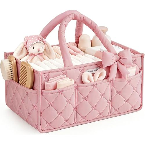 Blissful Diary Baby Diaper Caddy Organizer, Nursery Basket, Bow Light Pink