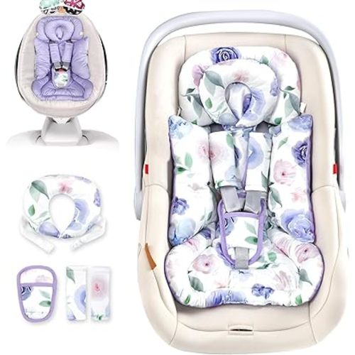 TANOFAR Infant Car Seat Insert with Removable Cushion for Baby Girls, Reversible Newborn Carseat Insert for Baby Head Body Support, Fits for Stroller, Baby Swing, Bouncer (Purple Flower)