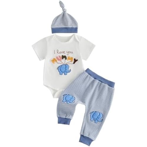 Bonangber Newborn Baby Boy Clothes Letter Short Sleeve Romper Striped Pants Hat 3Pcs Set Cute Mothers Day Baby Boy Outfit