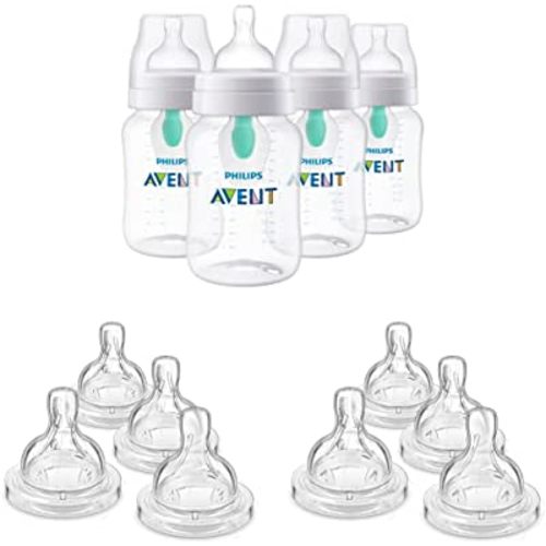 Philips AVENT Anti-Colic Baby Bottles with AirFree Vent (9oz, 4pk) + Anti-Colic Flow 3 & 4 Nipples (4pk Each)