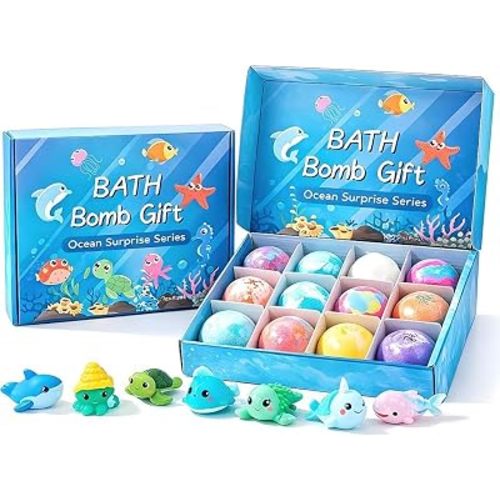 Ocean Themed 12 Pack Kids Bath Bombs with Hidden Sea Animal Toys, Gentle Bubbling Bath Fizzies, Ideal Birthday Party Gifts for Boys and Girls (Delivery Within 3 to 5 Days)