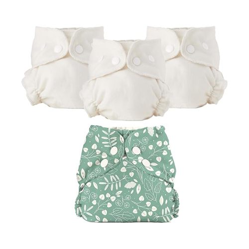Esembly Cloth Diaper Bundle Set - 3 Organic Cotton Absorbent Inners and 1 Waterproof Outer Diaper Cover - Reusable, Washable, Snap Closure Cloth Diapers - Size 1 (7-17lbs), Botany
