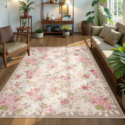 Lahome Decor 5'x7' Pink Floral Washable Rugs,5x7ft Rugs for Bedroom Girls Boho Area Rug,Vintage Rugs for Living Room Non Slip Low Pile Ultra-Thin Carpet for Farmhouse,Dining Room,Kids Playroom,Beige