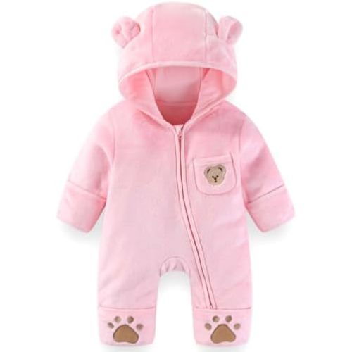 Fairy Baby Newborn Baby Bear Outfit With Fold-Over Mittens Footies Thin Fleece Romper Hooded Jumpsuit Winter Coat Girls Boys