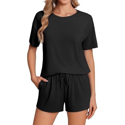 Ekouaer Pajama Set for Women Viscose from Bamboo Short Sleeve Tops and Shorts Set 2 Piece Lounge Set