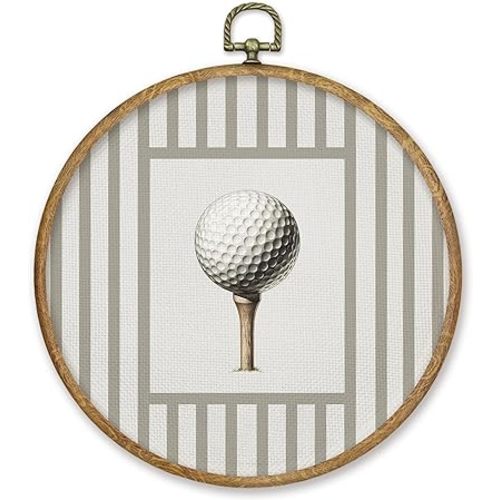CGBHW Golf Nursery Round Wall Art Decor, Golfing Gifts Canvas Prints Framed, Grey Striped Golf Ball Sports Wall Art Hanging Decor for Kids Nursery Room Bedroom Playroom Sport Room, 10x10 Inch