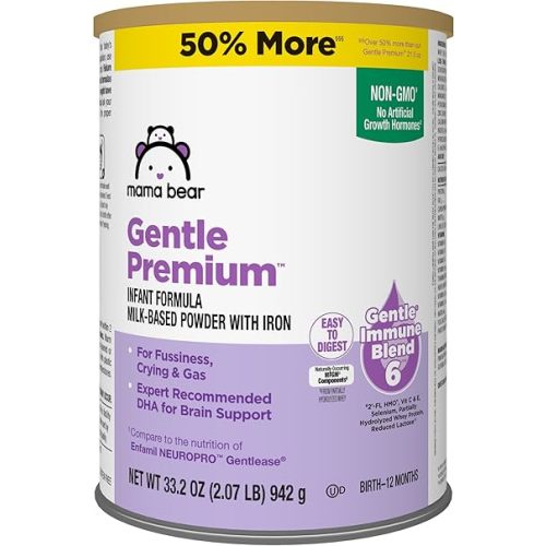 Amazon Brand - Mama Bear Gentle Premium Baby Formula Powder, DHA for Brain Support, Immune Blend 6, 2'FL HMO, For Fusiness, Crying & Gas, 33.2 Ounce (Pack of 1)