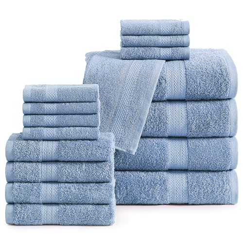LANE LINEN 16 Piece Bath Towels - 100% Cotton Towels for Bathroom, Premium Quality Hotel Towels, Highly Soft & Absorbent Bathroom Towel Set, 4 Bath Towels, 4 Hand Towels, 8 Wash Cloths - Cerulean Blue