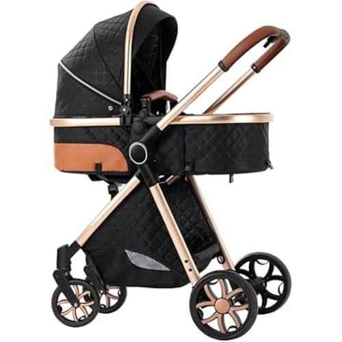 2 in 1 Baby Stroller,Infant Stroller Convertible,High Landscape Baby Carriage,Foldable Pushchair with Adjustable Canopy(Black)