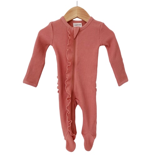 Organic Waffle Ruffle Zip Footie, Dusty Rose