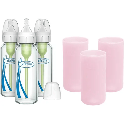 Dr. Brown's Natural Flow Anti-Colic Options+ Narrow Glass Baby Bottles 8 oz/250 mL, with Level 1 Slow Flow Nipple, 3 Pack 0m+ with Pink 100% Silicone Sleeves, BPA-Free
