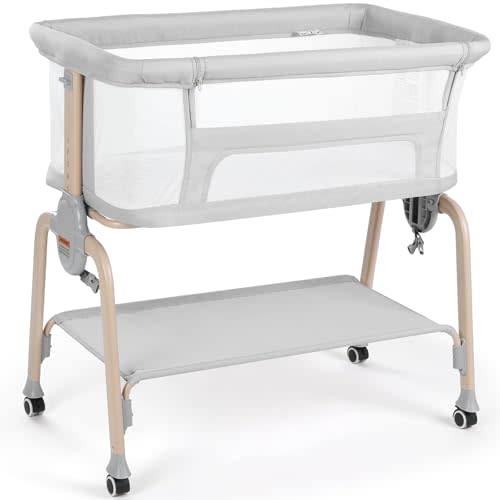 Cowiewie Bassinet Bedside Sleeper, Breathable Baby Bedside Bassinet and Mattress, Lightweight and Portable for Bedside Sleeping, Light Grey