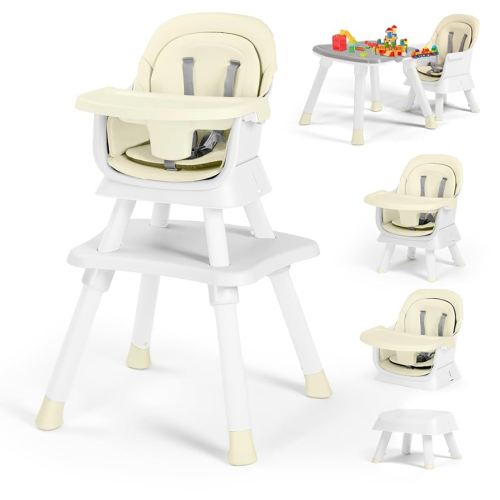 Kinder King 8 in 1 Baby High Chair, Coverts to Dining Booster Seat/Kids Table & Chair Set/Toddler Building Block Table/Kids Stool, Removable Tray & Double Seat Cover, Easy to Wipe, Beige & White