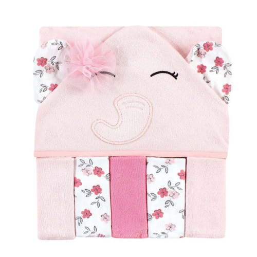 Hudson Baby Infant Girl Hooded Towel and Five Washcloths, Floral Pretty Elephant, One Size