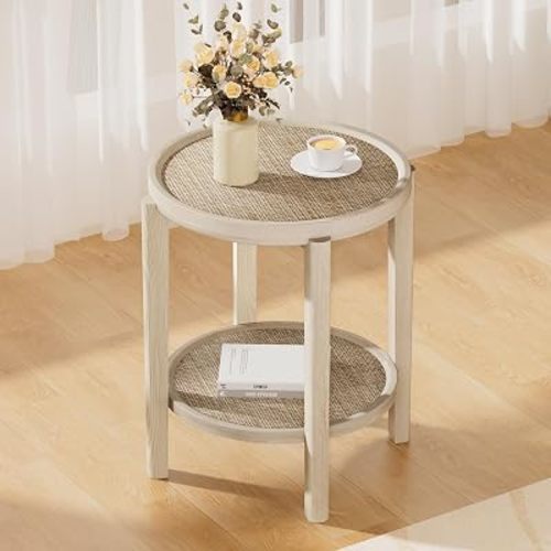 Eclatara Rattan Round Side Table End Table with Storage Shelf