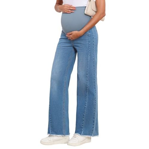 BLENCOT Maternity Jeans for Women Straight Leg Stretchy Denim Ripped Pregnancy Boyfriend Jean