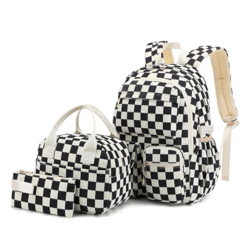 Corduroy Backpack Set for Teen Girls, 3PCS Kids Backpack with Lunch Box Pencil Pouch, Lightweight Bookbag Travel Daypack for Elementary Middle High School Bag (Checkered Black)