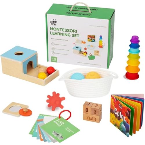 Montessori Toys for Babies 0-6 Months - 6-in-1 Educational Sensory Development Kit with Rolling Bell, Magic Tissue Box, Spinning Drum & More