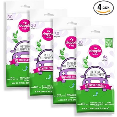 Dapple Baby All Purpose Wipes, Hint of Lavender, Plant Powered, Hypoallergenic, 30 Count (Pack of 4)