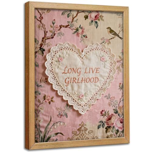 Framed Long Live Girlhood Canvas Wall Art,Pink Floral Heart print picture,Vintage Pink Baby Girls Wall Decor,Girl Nursery Painting Artwork for Bedroom,Dorm,Nursery,Child Room Home Decoration 8x10 In