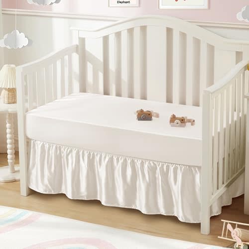 SiinvdaBZX 2-Piece Set Satin Crib Sheets & Crib Bed Skirt, 52" x 28" Silky Soft Ruffled Baby Crib Skirt with Adjustable Elastic 14" Drop, Fit for Standard Crib & Toddler Bedding (Ivory White)