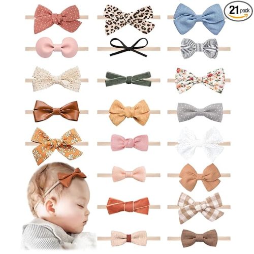 Jesries 21 PCS Baby Headbands and Bows Hairbands Soft Nylon Elastics Handmade Girls Hair Accessories for Newborn Babies Infant Toddlers Kids
