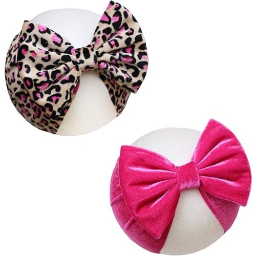Velvet Pink Leopard Baby Headbands Big Bows for Baby Girls Velvet Soft Hairbands Bows Wide Head Wrap Rose Hair Accessories for Newborn, Infant Toddlers 0-6Months