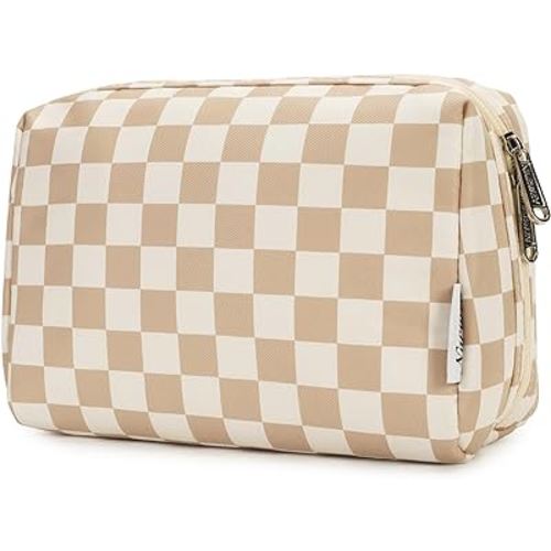 Narwey Checkered Makeup Bag Travel Cosmetic Bag Organizer Toiletry Bag Make Up Bags with Compartments for Women Girls (Large, Light Checkerboard)