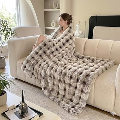Luxury 1000GSM Throw Blanket, 50x60 Inches, Ultra Soft Double-Sided 3D Bubble Textured Faux Rabbit Fur, Frosted Brown & White, Reversible High-Density Plush Warm Blanket for Sofa & Bed