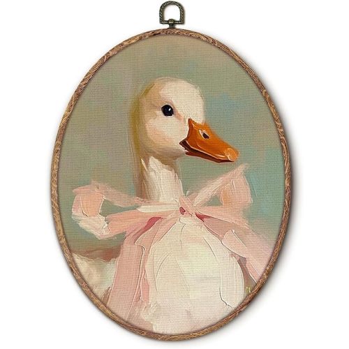 Coquette Pink Bow Duck Oval Wall Art Framed, Preppy Girly Oval Wall Decor, Vintage Girly Duck Hanging Canvas Prints Wall Sculptures for Girls Room Dorm Bedroom Decor, 8.5x11.5 Inch