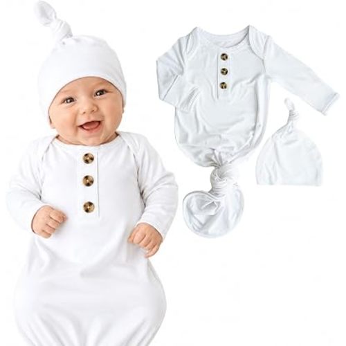 Caden Lane Newborn Knotted Gown with Hat, Soft Bamboo Viscose Baby Sack, Unisex Infant Breathable Night gown