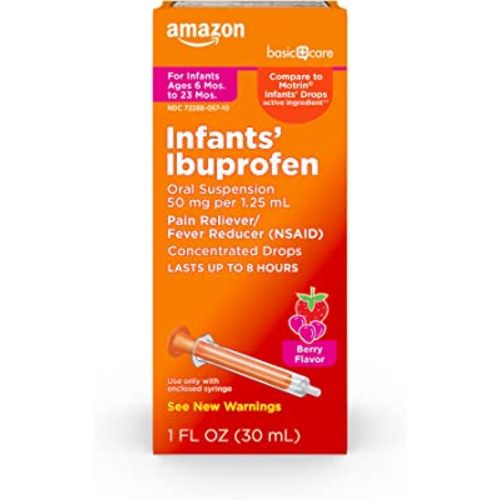 Amazon Basic Care Infants' Ibuprofen Oral Suspension Drops, 50 mg per 1.25 mL, Berry Flavor, For Minor Aches and Pains, Sore Throat, Headache Relief and More, 1 fl oz (Pack of 1)