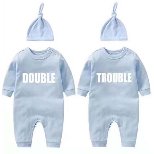 AOUYOA Baby Twins Bodysuits Newborn Baby Outfit Funny Double Trouble Clothing Set with hat