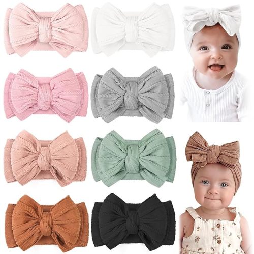 CÉLLOT 8 Pcs Super Stretchy Soft Handmade Headbands with Double Bows Head Wrap Nylon Hair Accessories For Newborn Babies Girls Infants Toddlers