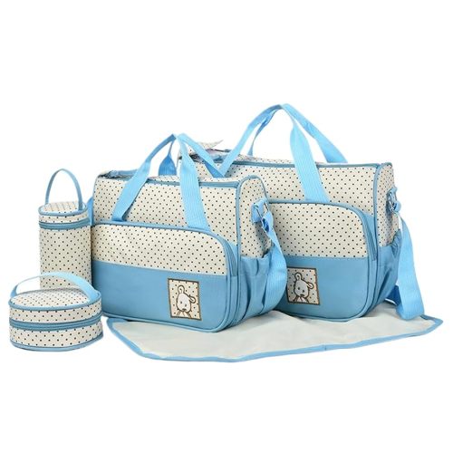 Baby Diaper Bags, 5pcs/set Waterproof Diaper Bag Tote Set with Handbags, Bottle Bag, Small Lunch Bag & Diaper Mat, Portable Baby Diaper Bag for Parents (Blue)